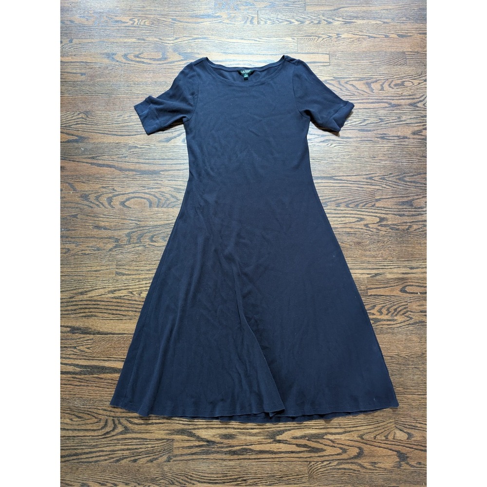Lauren Ralph Lauren Women's Navy Blue Waffle Knit Cotton Midi Dress Size PL
